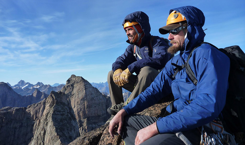 Mike Royer (left) and Matt Bunn (right) enjoying the view from the summit of Isertugaq Qaqqaq (aka Hidden Tower) - Mike Royer