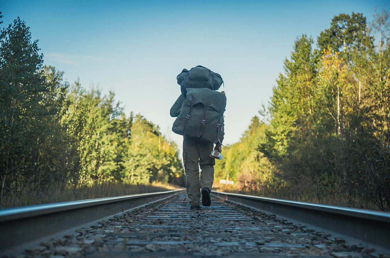 Ray Mears along a train track